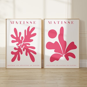 Set of 2 Pink Matisse Floral Shapes Poster, Clean Flower Illustration, Elegant Wall Art Decor, Modern Prints, Gift For Her, Abstract Artwork