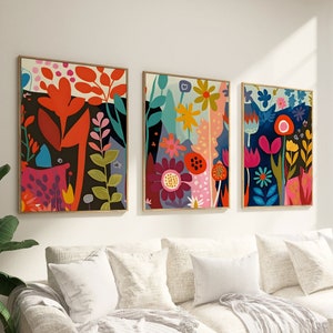 3er-Set Bunte Abstrakte Blumendrucke, Moderne Wanddekoration, Stilvolle Poster, Natur inspirierte Kunst, Geschenk für Sie, Florale Abstrakte Kunst