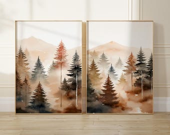 Watercolor Forest Print Set, Mountain Landscape Art, Earth Tone Wall Decor, Nature Painting