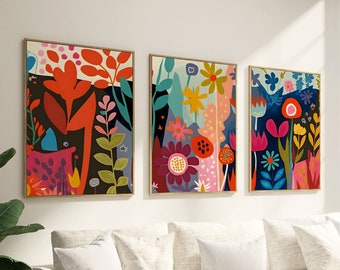 Set of 3 Colourful Flowers Print, Digital Download, Modern Flower Posters, Printable Wall Art, Botanical Wall Art Decor, Floral Set of Print