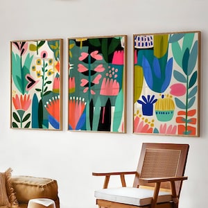 Juego de 3 impresiones de flores modernas, descarga digital, carteles de flores eléctricas, arte de pared imprimible, decoración de arte de pared colorida, juego floral para imprimir