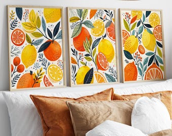 Botanical Citrus Fruit Print Set of 3, Kitchen Wall Art, Modern Tropical Decor