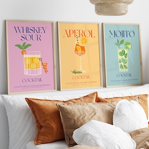 Juego de 3 impresiones de cócteles populares, carteles de arte moderno coloridos, idea de regalo original para ella, obra de arte para fiestas, decoración de pared de bar, arte con alcohol