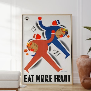 Coma más cartel de arte vintage de frutas, obras de arte retro originales, impresión de la pared de la guardería, decoración de la habitación de los niños, arte minimalista, impresión inspiradora