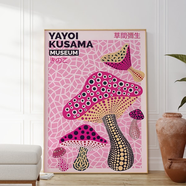 Yayoi Kusama Pink Mushroom Print, Digital Download, Polka Dot Pink Abstract Poster, Printable Wall Art, Japanese Wall Art, Modern Art Decor