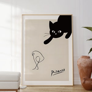 Lámina artística de gato persiguiendo a un pájaro de Pablo Picasso, obra de arte divertida y moderna, póster para amantes de los gatos, decoración de pared divertida, impresión minimalista, regalo de inauguración de la casa