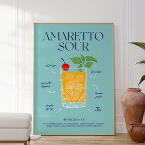 Póster de cóctel amaretto sour, impresión de fiesta, obra de arte sobre alcohol, diagrama de cóctel, obra de arte moderna y colorida, regalo para ella, ilustración de bebida