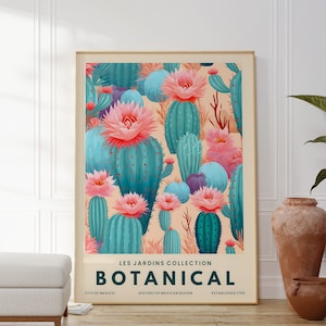 Moderner botanischer Kaktus-Druck, zeitgenössisches Dekor, mexikanisches Wandposter, blaues und rosa Kunstwerk, natürliches Blumengeschenk für Sie, Natur inspiriert