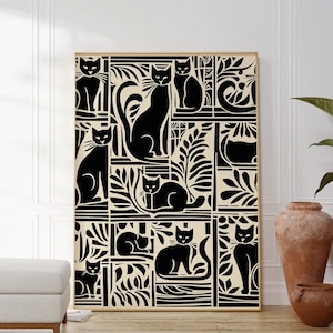Póster de gato negro moderno, estampado animal, elegante obra de arte de gato, decoración contemporánea, regalo para amantes de los animales, decoración minimalista para sala de estar y dormitorio