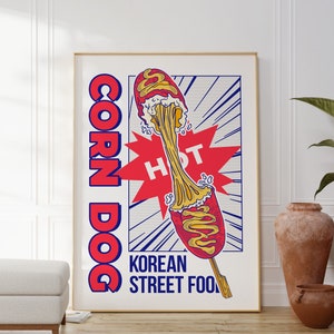 Corn Dog Küchen Druck, Street Food Poster, Modernes Esszimmer Wand Kunst, Zeitgenössische Dekoration, Asiatisch Kulinarisches Geschenk, Restaurant Kunst