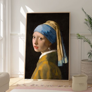 May include: A painting of a woman wearing a blue and yellow headscarf and a pearl earring. She is wearing a yellow and brown dress and has a dark background.