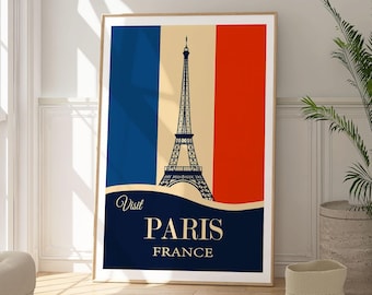 Paris Eiffel Tower Travel Poster, France Art Print, Vintage Style Wall Decor
