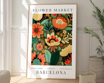 Affiche du marché aux fleurs de Barcelone, Impressions d'art murales de fleurs colorées, Décoration de maison de fleurs rétro, Impressions florales imprimables, Téléchargement numérique - France