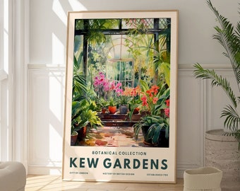 Può includere: Un poster in stile vintage con un'illustrazione ad acquerello di una serra ai Kew Gardens di Londra. Il poster riporta il testo "Botanical Collection Kew Gardens" e include dettagli sulla città, la storia e la data di fondazione.