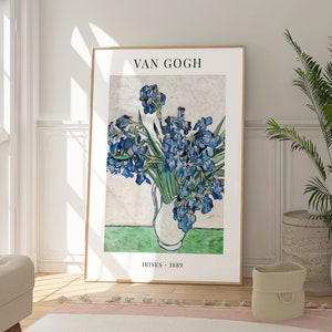 Póster de arte de lirios de Van Gogh, obra de arte floral azul, jarrón de flores, impresión de arte impresionista, decoración de arte de pared de galería, regalo para ella, decoración elegante