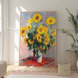 Impresión de ramo de girasoles de Claude Monet, póster de jarrón floral, arte mural natural, obra de arte botánica, impresión de cocina, decoración artística moderna y colorida