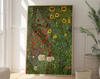 Gustav Klimt Farm Garden with Sunflowers Art Print, Vintage Floral Wall Art, Impressionist Painting