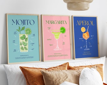 Set of 3 Modern Colourful Cocktail Prints, Original Alcohol Art Poster, Fun Party Prints, Bar Wall Art Decor, Gift For Her, Drink Lovers Art