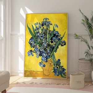 Póster de jarrón con lirios de Van Gogh, impresión de arte floral, decoración de pared botánica, arte amarillo y azul, obra de arte elegante y con estilo, regalo de arte de galería