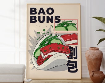 Bao Buns Modern Kitchen Poster, Koah-pau Print, Chinese Cuisine Artwork, Asian Food Decor, Original Foodie Gift Idea, Popular Dining Artwork