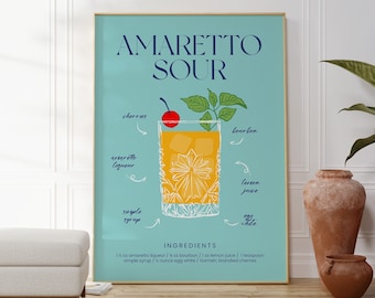 Amaretto Sour Cocktail Poster, Party Print, Alcohol Artwork, Cocktail Diagram, Colourful Modern Artwork, Gift For Her, Drink Illustration