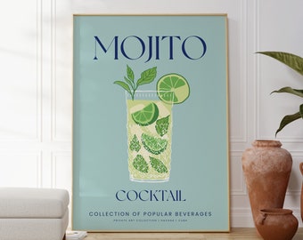 Wydruk koktajlu Mojito, sztuka Hawany na Kubie, dekoracja baru w stylu vintage, plakat z tropikalnym drinkiem