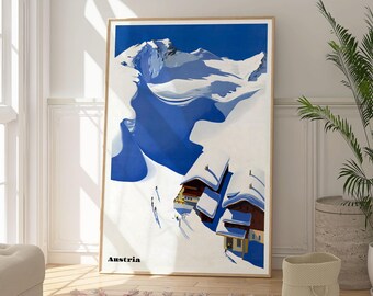 Austria Ski Poster, Vintage Travel Print, Snowy Mountain Wall Art
