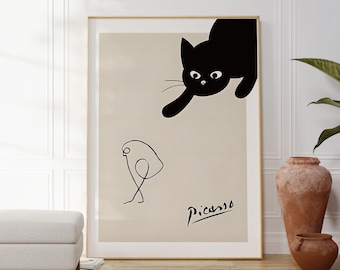 Pablo Picasso Cat Chasing Bird Art Print, Modern Funny Artwork, Cat Lovers Poster, Hilarious Wall Decor, Minimalist Print, Housewarming Gift