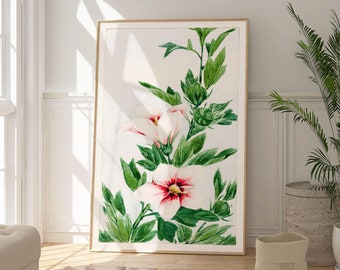 Hibiscus Flower Watercolor Painting, Botanical Wall Art Print