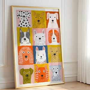 Könnte beinhalten: Ein gerahmter Kunstdruck mit einem Raster aus farbenfrohen Hundeporträts. Jeder Hund ist in einem einzigartigen Stil und einer einzigartigen Farbpalette dargestellt, vor einem rosa Hintergrund. Der goldfarbene Rahmen verleiht dem verspielten Kunstwerk eine elegante Note.