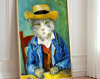Van Gogh Style Cat Art Print, Funny Feline Self Portrait