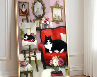 Grumpy Painter Cat Art Print, Funny Self Portrait Artwork, Pet Lovers, Gallery Wall
