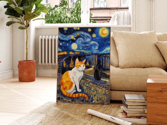 絵画。原画☆キャンバスF6【猫ちゃんはソファーに座って美しい星空を楽しんでいる】 ゴッホの「星月夜と二匹の猫」プリント、動物風景ポスター、人気の猫
