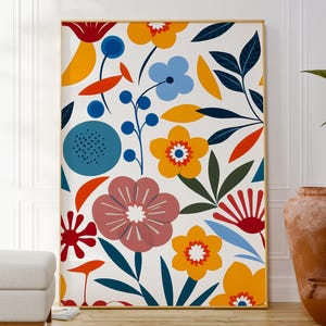 Ilustração moderna de flores vibrantes, pôster de arte floral colorido, impressão de parede botânica, belas artes inspiradas na natureza, arte natural contemporânea