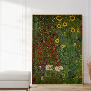 May include: A painting of a field of flowers with sunflowers in the background. The flowers are in shades of red, yellow, blue, and white. The sunflowers are tall and have large yellow petals.