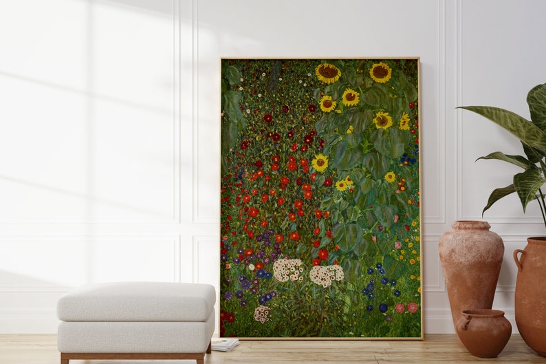 May include: A painting of a field of flowers with sunflowers in the background. The flowers are in shades of red, yellow, blue, and white. The sunflowers are tall and have large yellow petals.