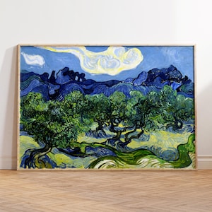 May include: A framed landscape painting featuring a grove of olive trees with twisted trunks and green foliage set against a backdrop of dark blue rolling hills and a bright blue sky with a prominent, swirling white and yellow cloud formation.
