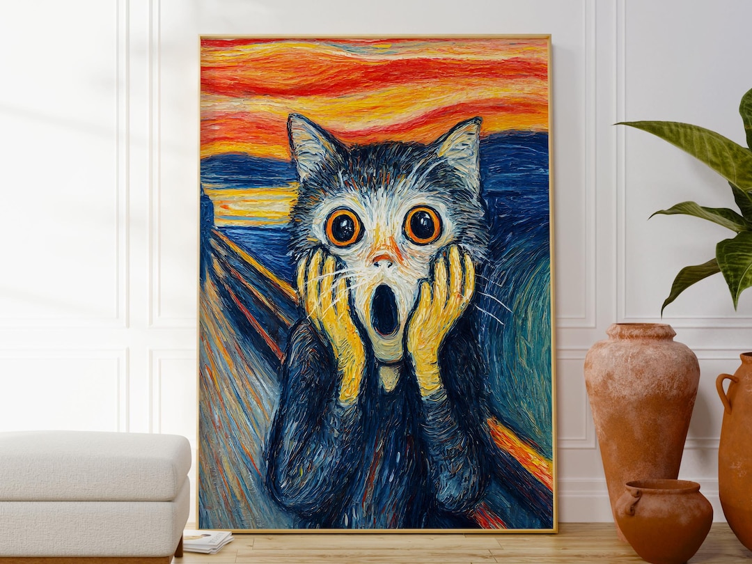 叫び猫のプリント、エドヴァルド・ムンクのパロディ、おもしろ猫の壁画