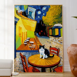 Van Gogh Cafe Terrace at Night With a Cat Print, Funny Cat Poster, Popular Artisti Animal Artwork, Original Cat Painting, Gallery Wall Art