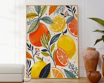 Lemon and Orange Print, Citrus Fruit Poster, Modern Food Artwork, Contemporary Kitchen Decor, Dining Room Wall Art, Original Gift Idea