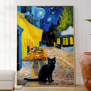Van Gogh Cafe Terrace at Night With Black Cat Poster, Popular Artist Cat Print, Modern Home Decor, Housewarming Gift, Landscape Animal Art