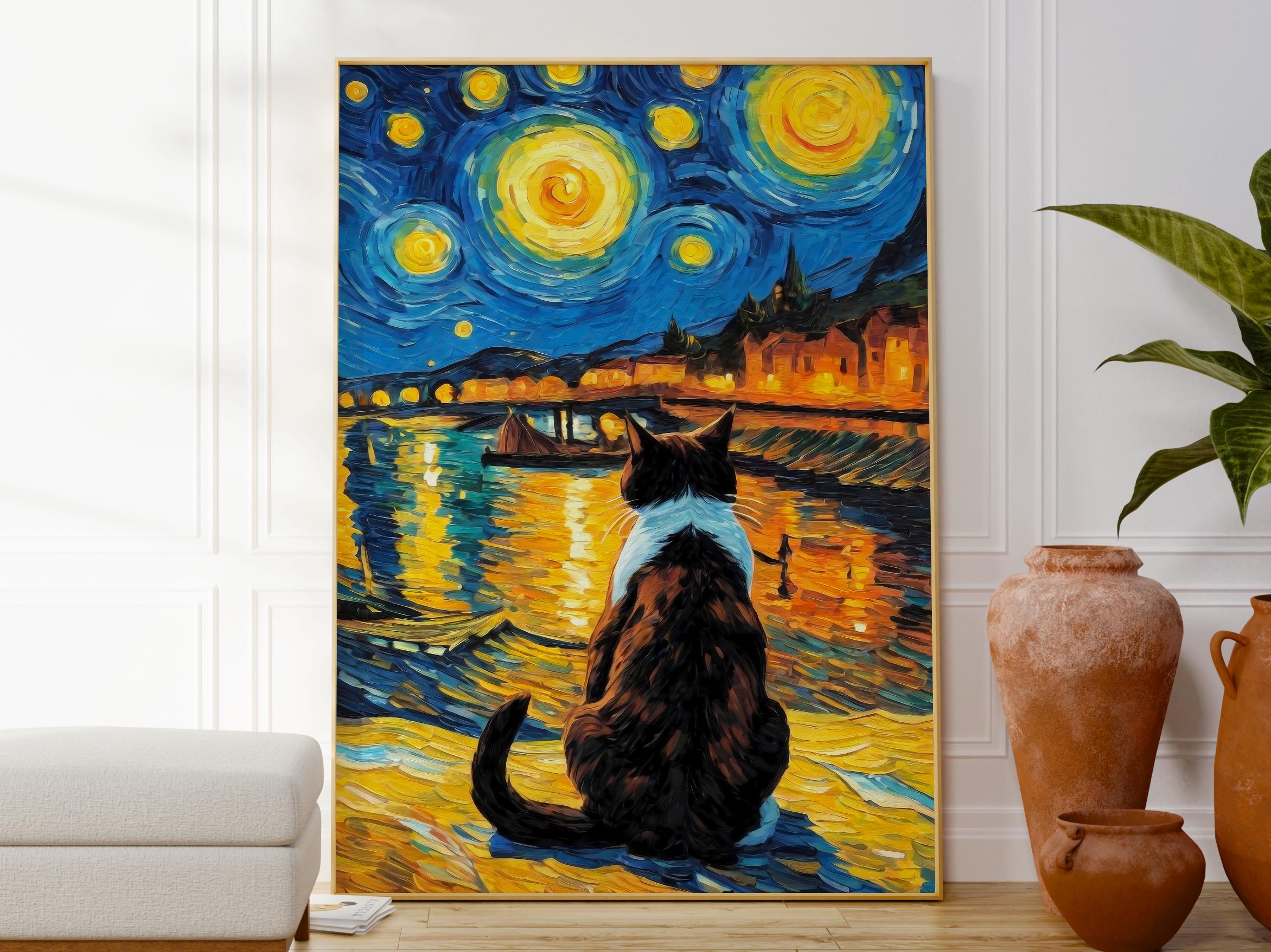 ゴッホの「星月夜と猫」プリント、オリジナル動物風景ポスター、猫好き