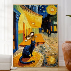 Cafe Terrace at Night With Black Cat Print, Van Gogh With A Cat Poster, Landscape Animal Wall Art, Cat Lovers Gift, Popular Painting