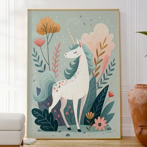 Unicorn Print, Nursery Wall Art Poster, Blue Kids Room Decor, Children’s Unicorn Artwork, Colourful Bright Decor, Original Housewarming Gift