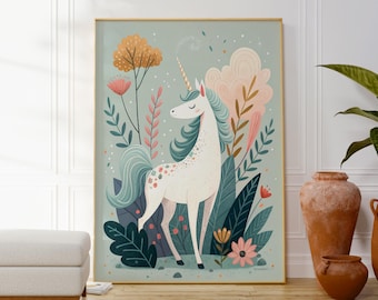 Unicorn Print, Nursery Wall Art Poster, Blue Kids Room Decor, Children’s Unicorn Artwork, Colourful Bright Decor, Original Housewarming Gift