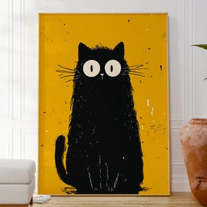 Impresión de gato negro, decoración de pared minimalista, póster de gato impactado, arte contemporáneo, decoración moderna y elegante para el hogar, obra de arte de moda, regalo para amantes de los gatos