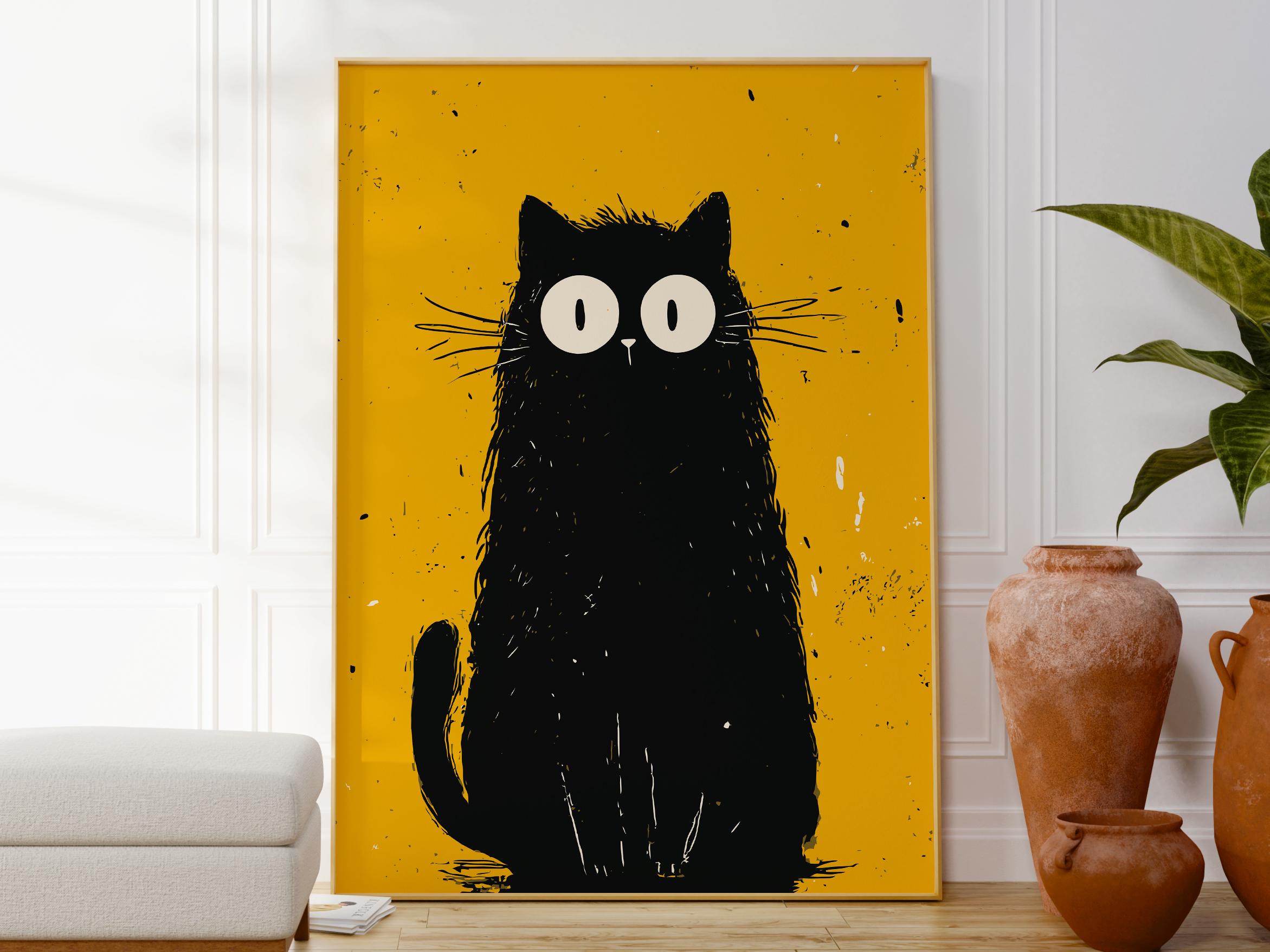 ショックを受けた黒猫のプリント、ミニマリストモダンウォールアート