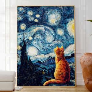 黒猫の睡蓮の池のアートプリント、気まぐれな猫の壁飾り、印象派風の