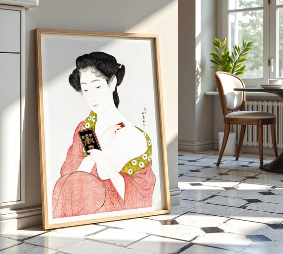 コンパクトミラーを持つ日本人女性のアートプリント、浮世絵風の肖像画