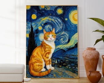 Vincent Van Gogh Cat Starry Night Print, Ginger Cat Poster, Hilarious Animal Wall Art, Funny Cat Artwork, Famous Painting With Cat, Art Gift